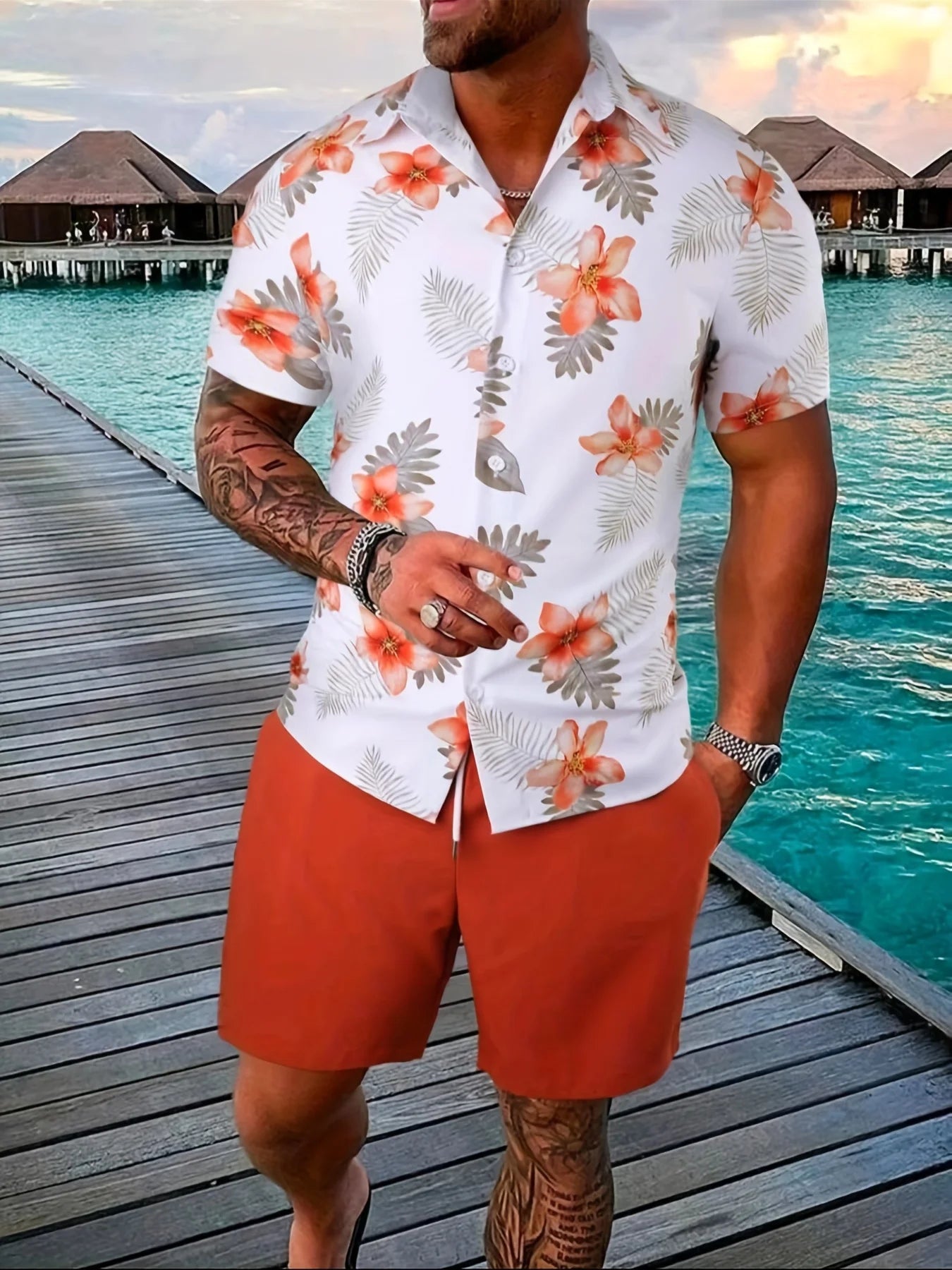 2024 Men Summer Sets Print Lapel Short Sleeve Casual Shirt Beach Shorts Streetwear Vacation Hawaiian Suits Men Cothing