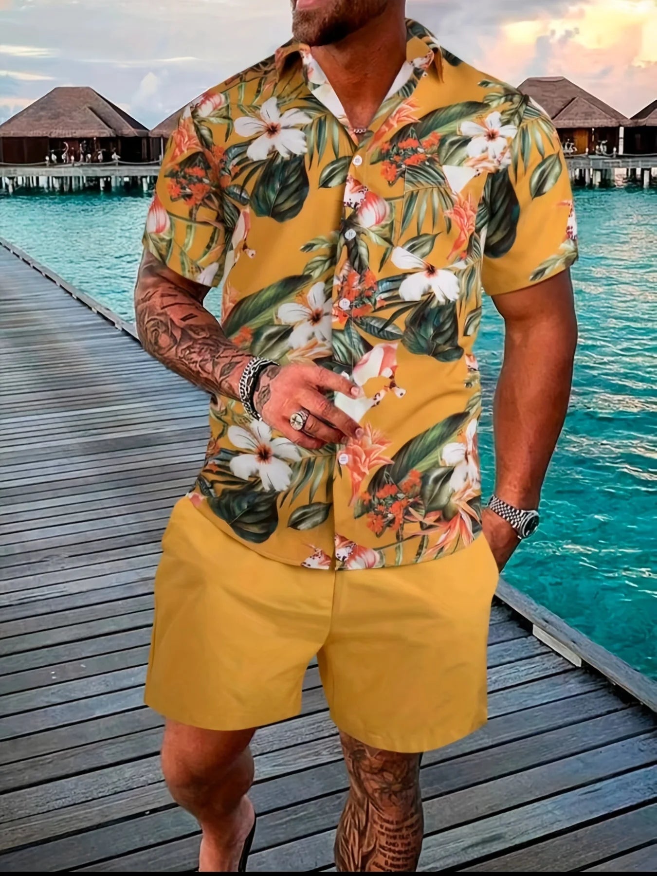 2024 Men Summer Sets Print Lapel Short Sleeve Casual Shirt Beach Shorts Streetwear Vacation Hawaiian Suits Men Cothing